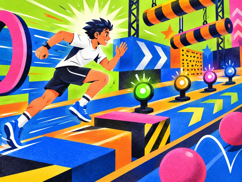 Flat vector runner dashing through bold obstacle blocks arrows and timing lights in lime cobalt tangerine and pink.