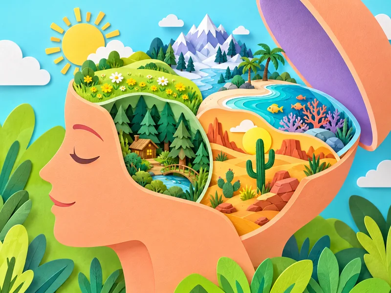 Friendly head-shaped pop-up map holding a meadow snowy peak coral coast forest and desert in layered paper colors.