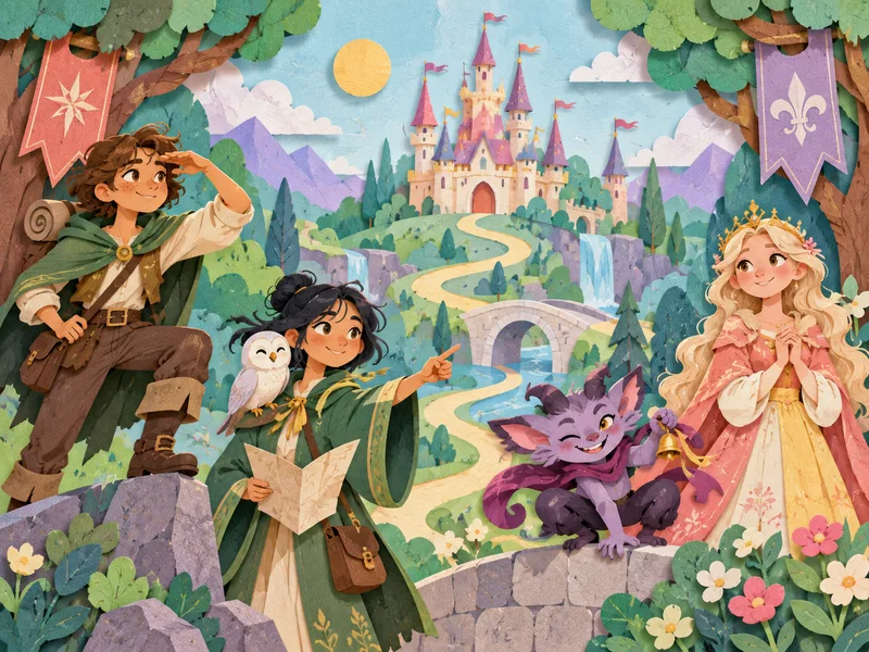 Layered candy-color paper-cut stage with four original fairy-tale roles around a castle and winding path.