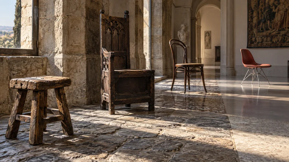Museum-like room showing chairs from different social eras, quiet architectural editorial photograph with long shadows.