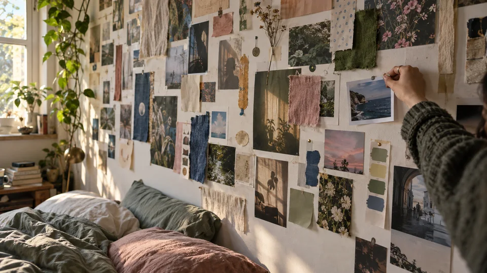 Living mood-board wall assembled by hand from varied materials, bright editorial photography and visible process.