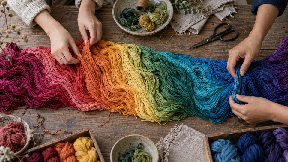 Hands sorting and comparing naturally dyed fibres, saturated tactile color study in soft daylight.