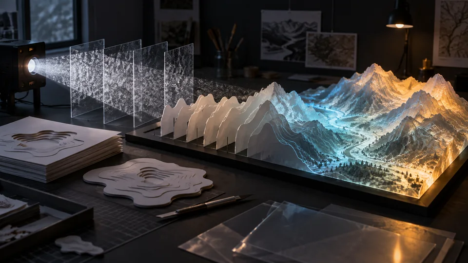 Dark design studio where layered paper terrain emerges from a projected point grid, technical installation photography.