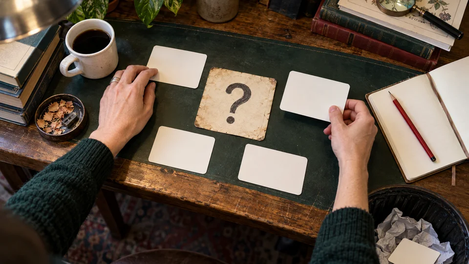 Overhead editor desk arranging blank question cards and evidence, warm analog editorial still life with one clear focal card.