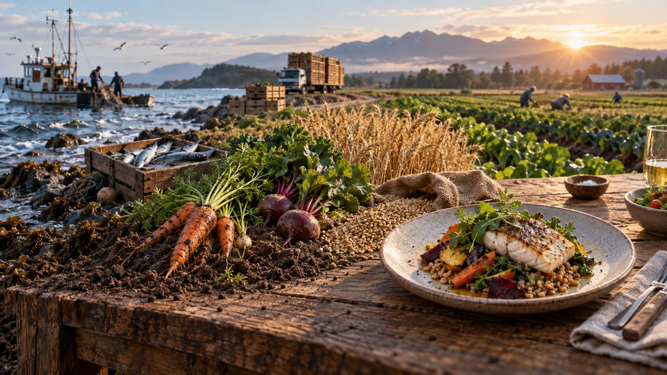 Continuous documentary landscape transitioning from plated meal back through fields coast and food production.