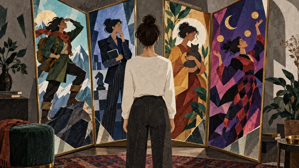 Person before a fractured dressing-room mirror reflecting several original archetypal silhouettes in cut-paper collage.