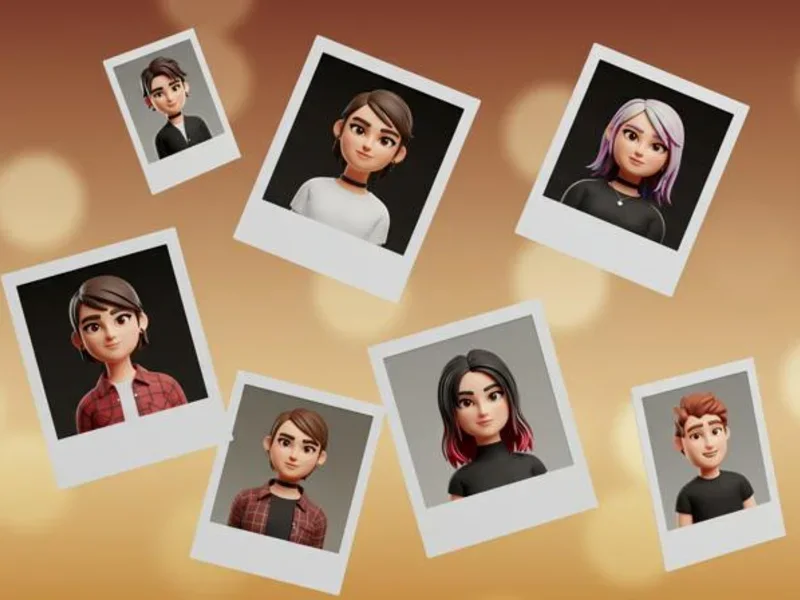 Seven illustrated portrait snapshots scattered across a warm background